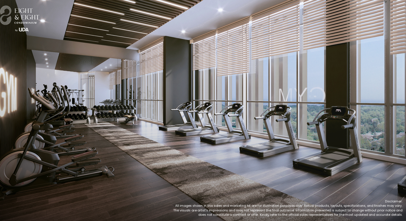 Condominium gym with cardio equipment and views