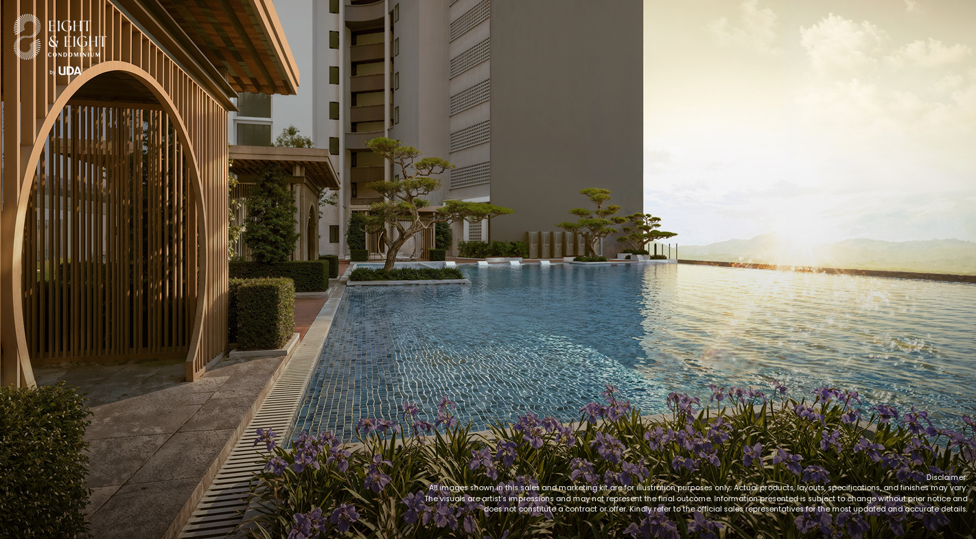Poolside setting at sunset
